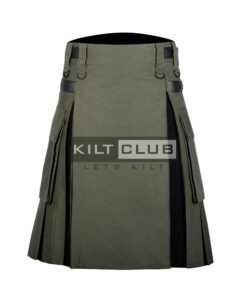 Olive Green Cotton - Black Tartan Hybrid Kilt