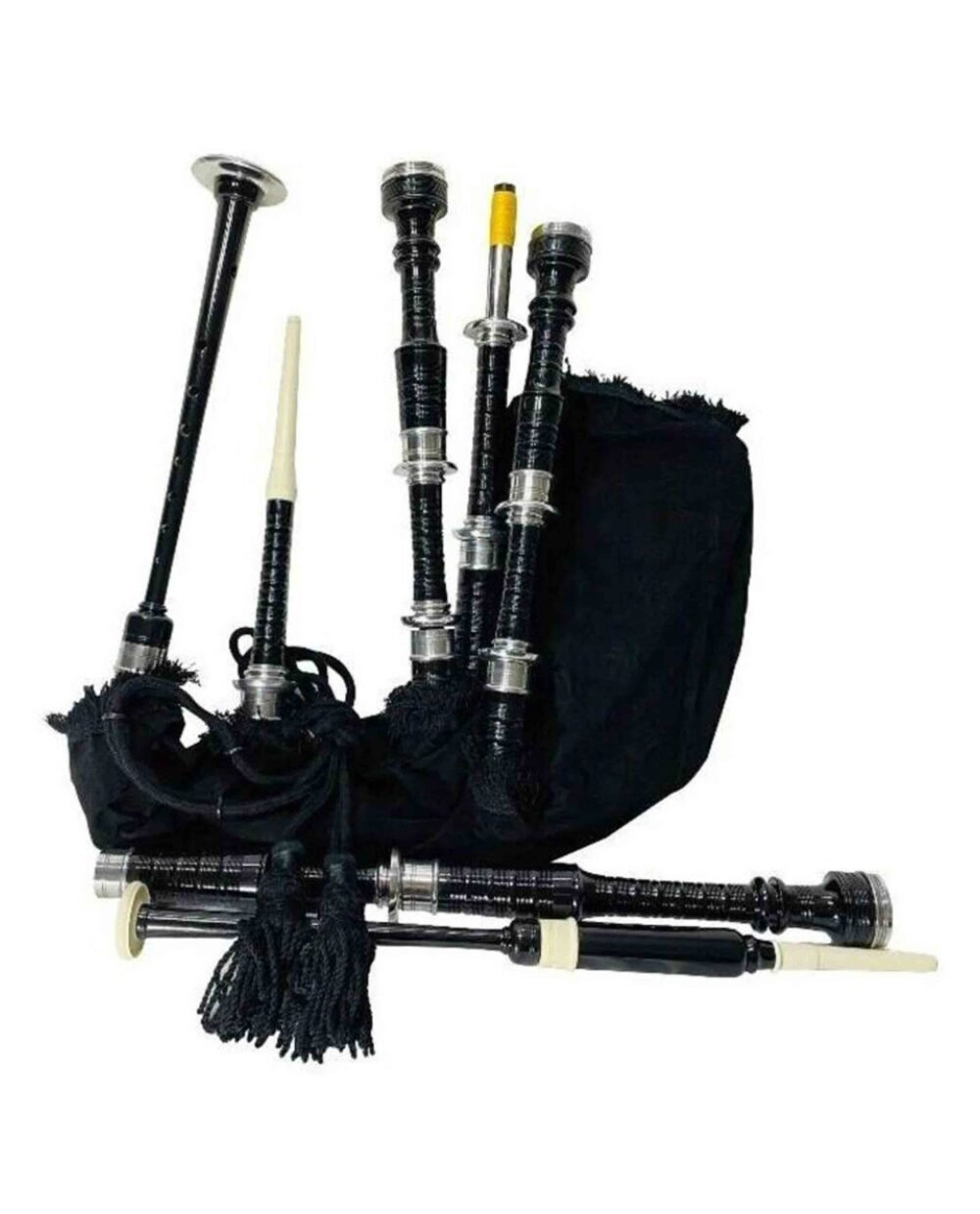 reat Highland Scottish Bagpipes Silver Mounts Black Rosewood