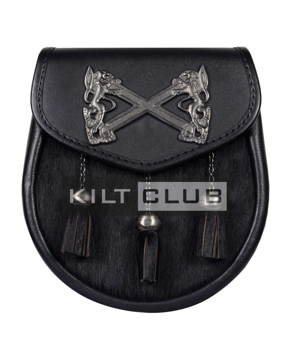 Cross Rampant Lion Emblem Black Leather Semi Dress Sporran