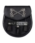 Cross Rampant Lion Emblem Black Leather Semi Dress Sporran