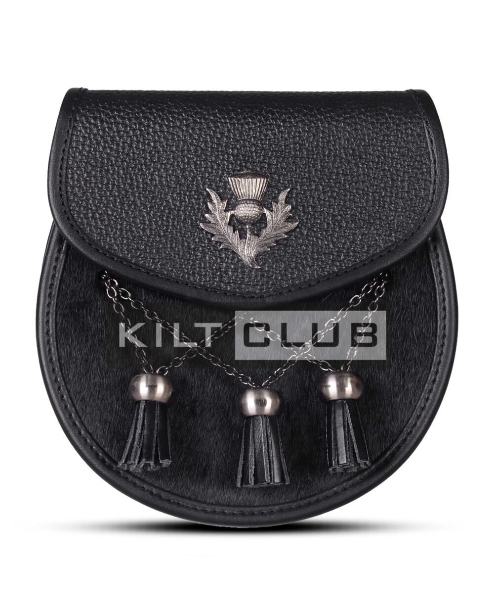 Black Leather Bovine Fur Cross Tassels Semi Dress Sporran