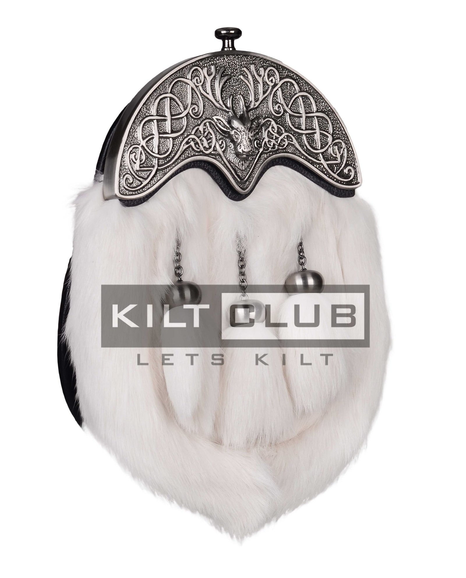 Nickle Brushed Stag Head White Rabbit Fur Full Dress Sporran - Image 3