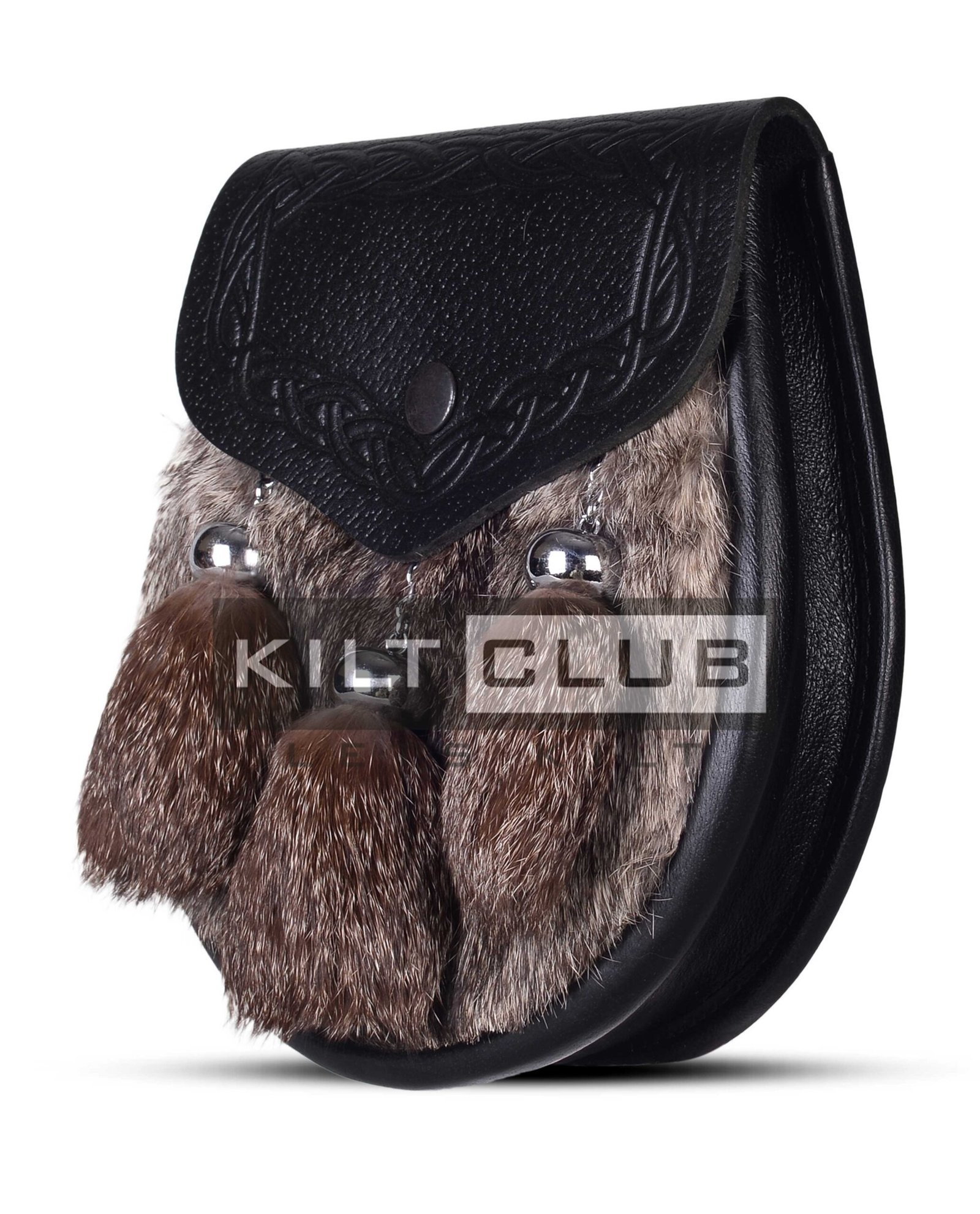 Black Leather Brown Rabbit Fur Semi Dress Sporran - Image 2