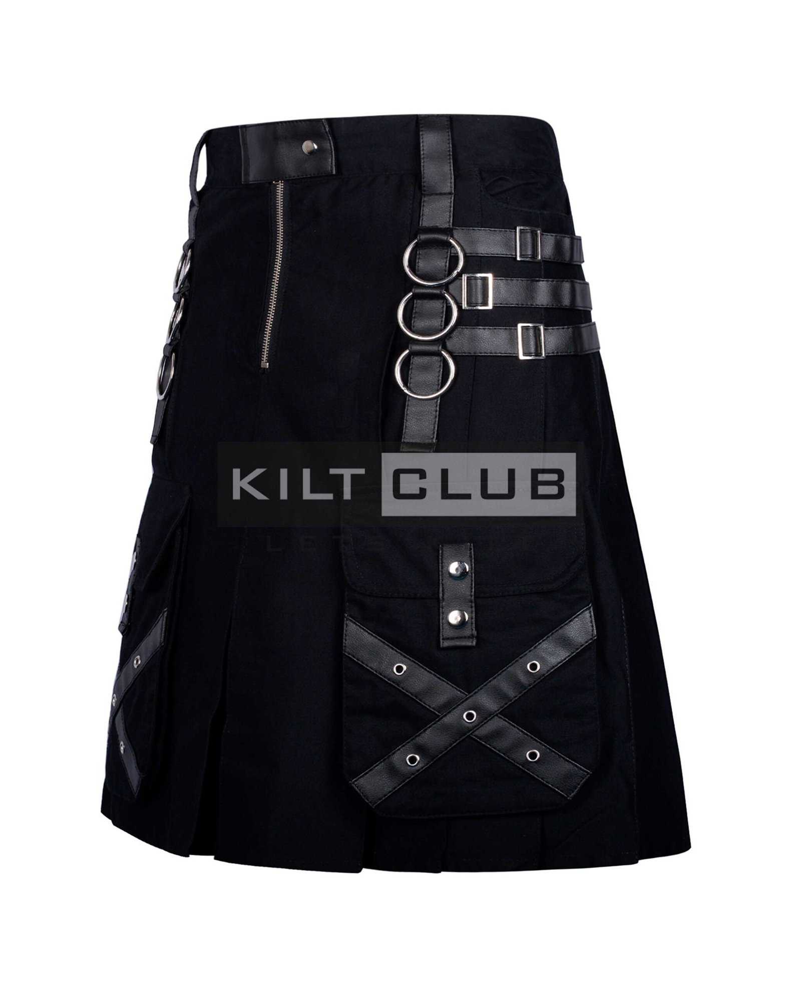 Black Cotton Leather Patchwork Gothic Kilt - Image 3