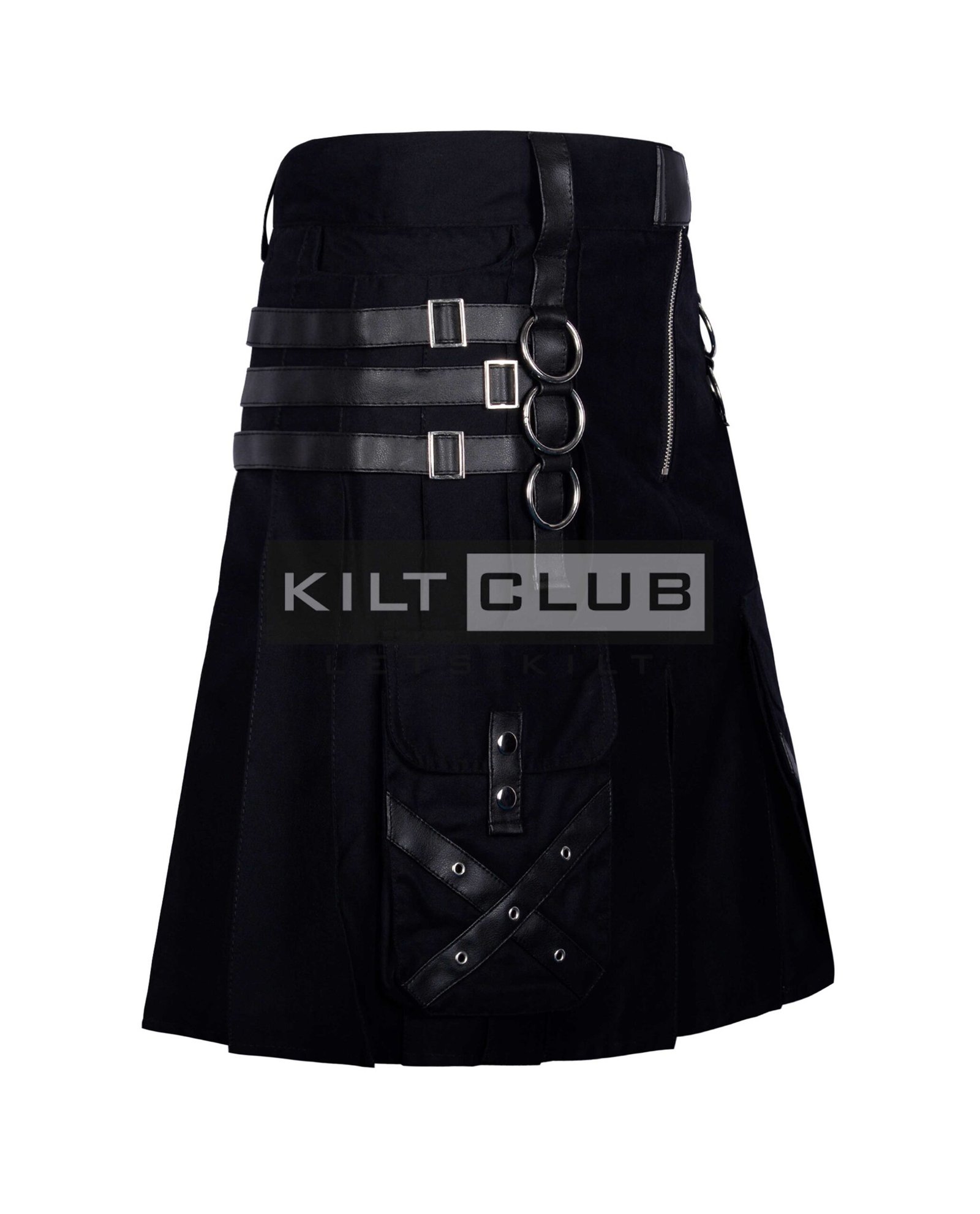 Black Cotton Leather Patchwork Gothic Kilt - Image 2