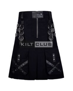 Black Cotton Leather Patchwork Gothic Kilt