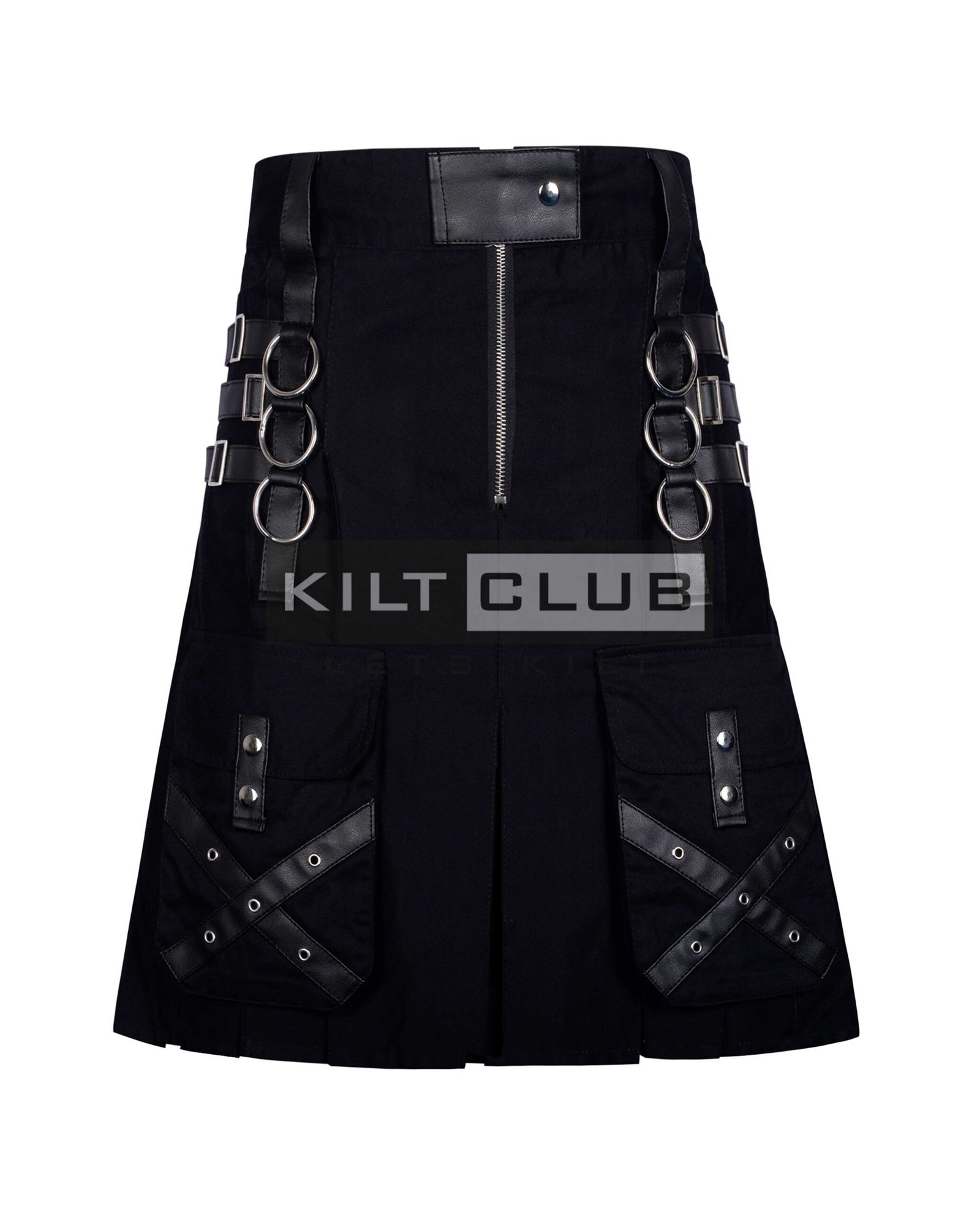 Black Cotton Leather Patchwork Gothic Kilt