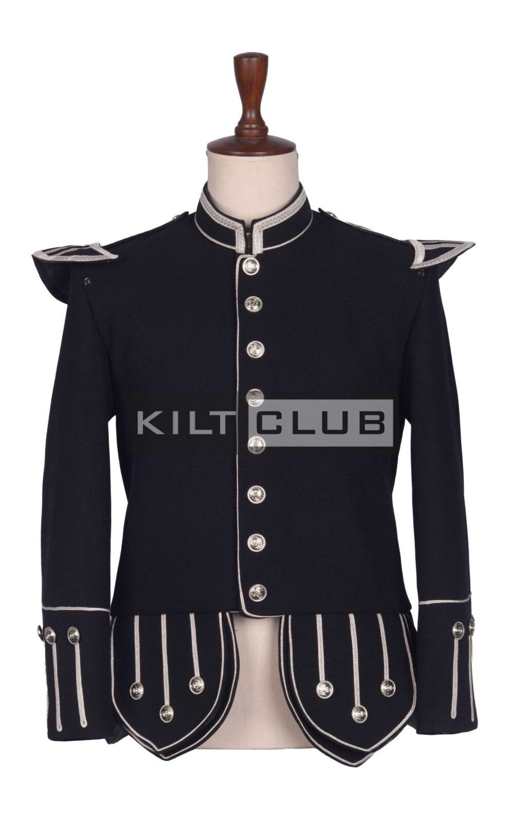 Black Wool Silver Braided Scottish Military Piper Doublet