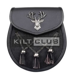 Stag Head Emblem Black Leather Semi Dress Sporran