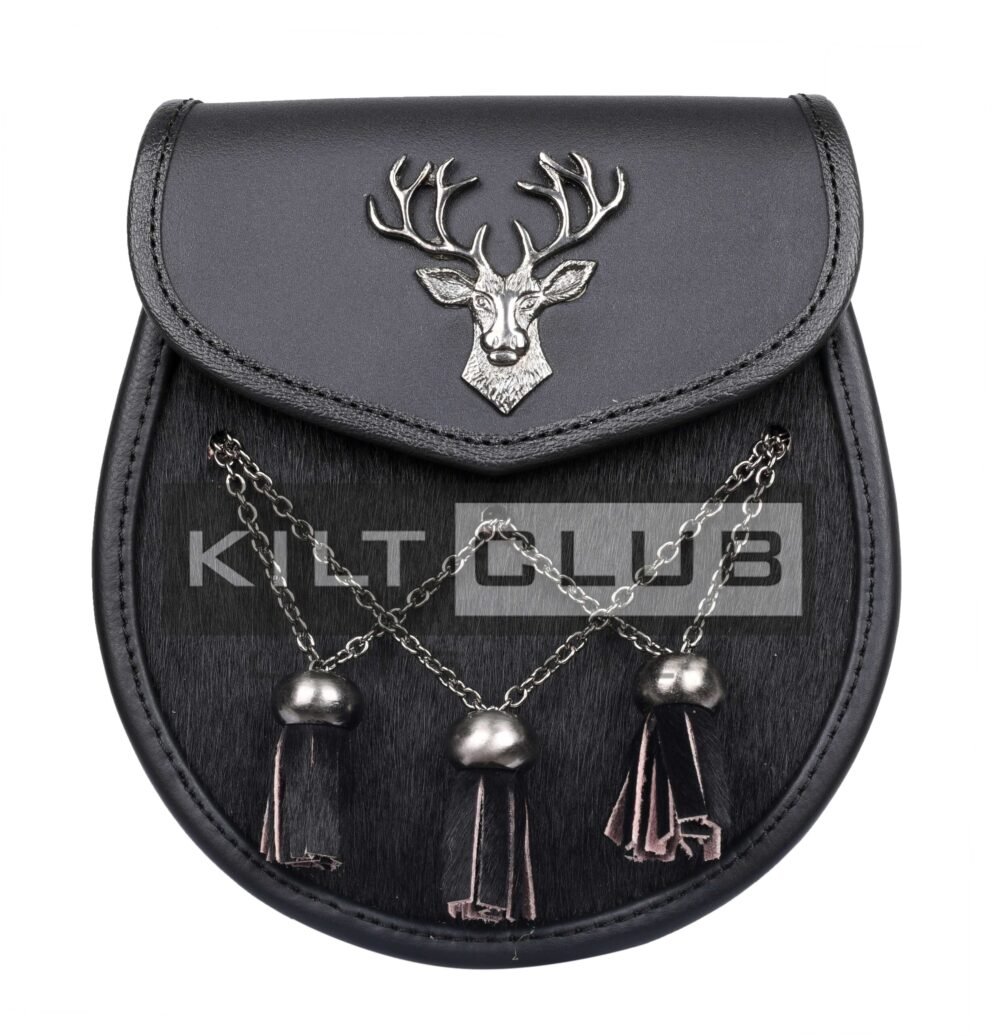 Stag Head Emblem Black Leather Semi Dress Sporran