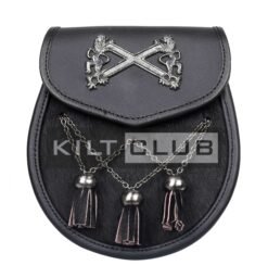 Cross Rampant Lion Emblem Black Leather V Cross Semi Dress Sporran