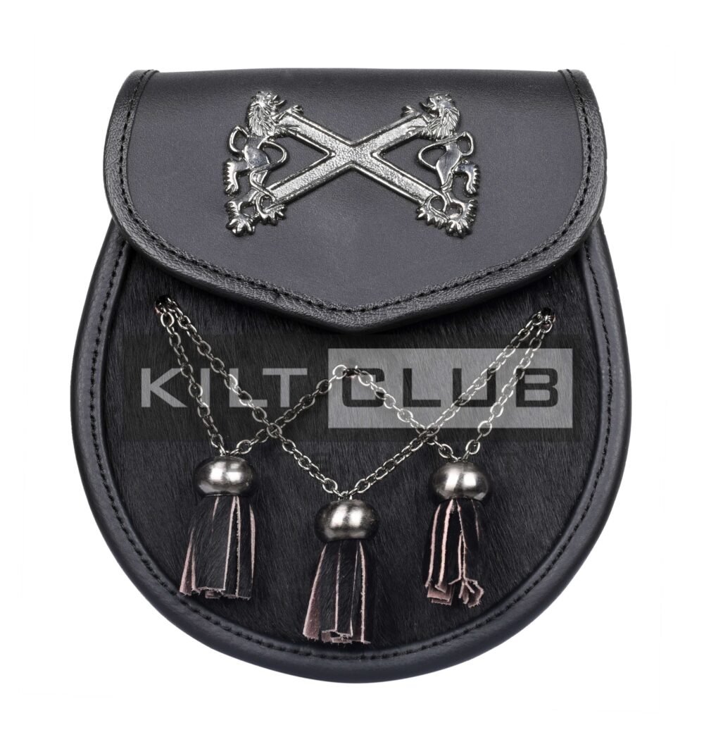 Cross Rampant Lion Emblem Black Leather V Cross Semi Dress Sporran