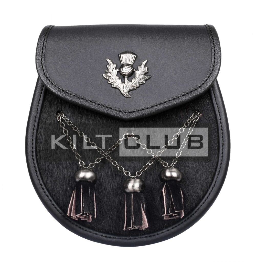 Cross Thistle Emblem Black Leather Semi Dress Sporran
