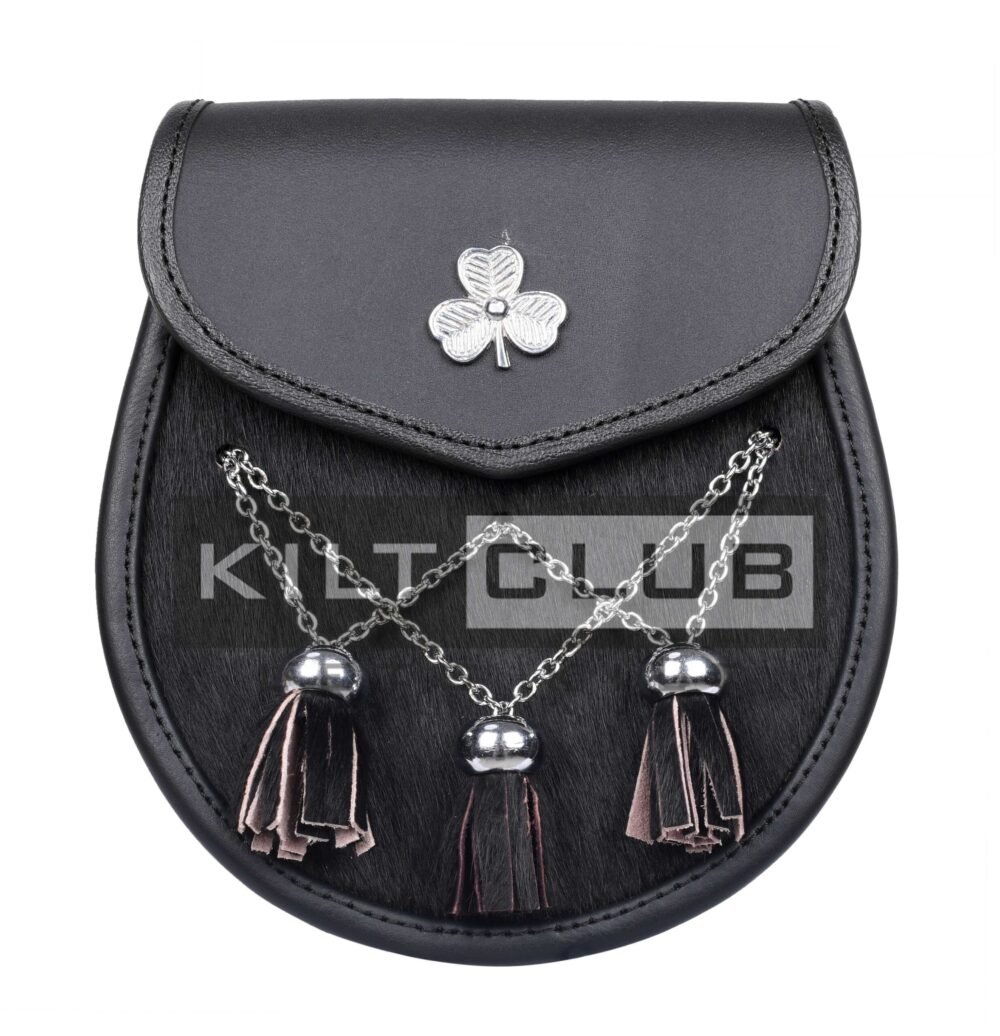 Shamrock Emblem Black Leather Semi Dress Sporran