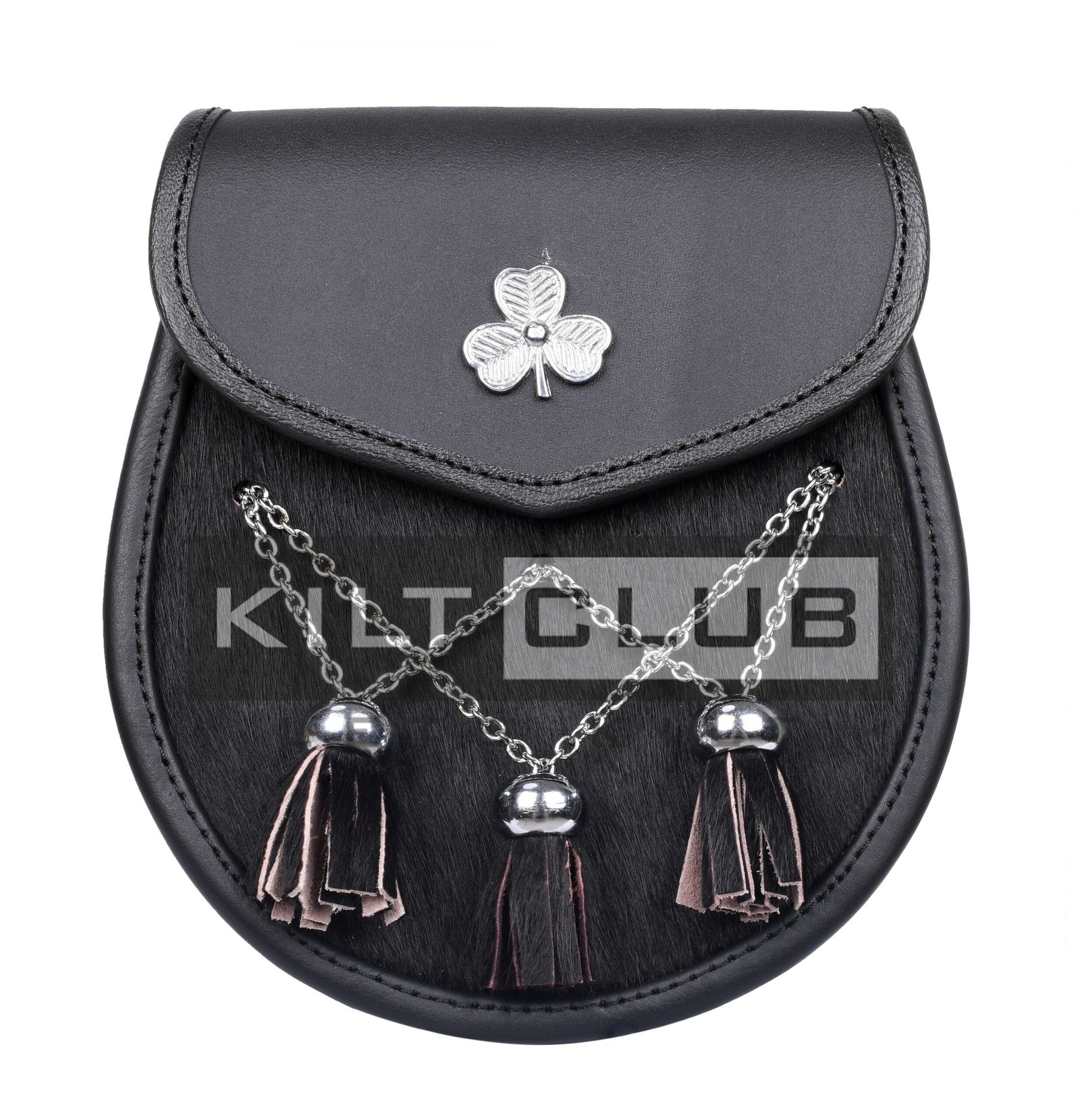 Shamrock Emblem Black Leather Semi Dress Sporran