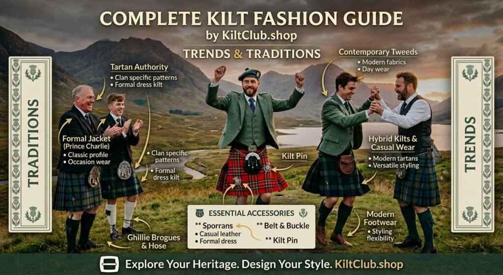 Complete kilt fashion guide showing traditional tartan kilts and modern utility kilts for men